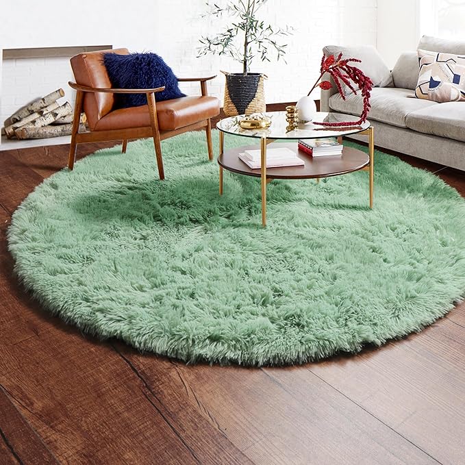 ONASAR Sage Green Round Area Rugs 5ft, Fluffy Soft Bedroom Circle Rug for Kids Girls Boys Teen Room, Cute Furry Plush Shaggy Carpet Floor Mat for Nursery Living Room Playroom Dorm Home Decor