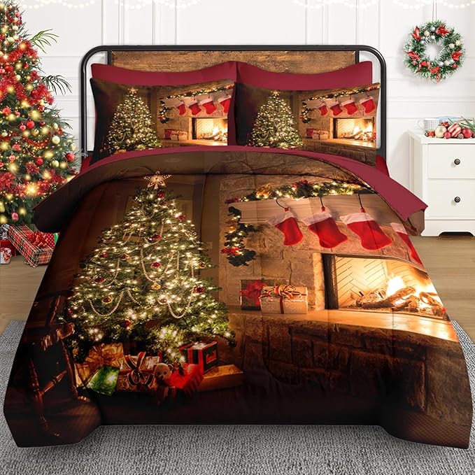 7 Pcs Queen Size Christmas Comforter Set with 2 Pillowcases & 2 Shams, Vintage Fireplace Tree Bedding for Kids and Adults, Winter Holiday Red Socks Bed in a Bag with Flat Fitted Sheet