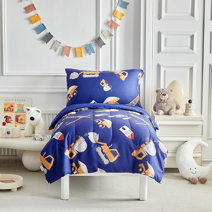 4 Pieces Construction Toddler Bedding Set for Boys Yellow Engineering Vehicle Toddler Bed Set with Bulldozer Tipper Truck Crane Cute Toddler Bed in a Bag with Sheet Set and Pillow Shams - Navy Blue
