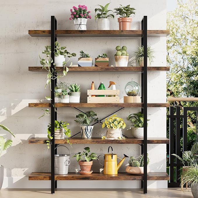 5 Tier Bookcase, 47 Inch Wide Wood Bookshelf, 120lbs Shelf Capacity Estante, Rustic Open Shelving Industrial Display with Reinforced Horizontal Brown Shelves for Living Room Bedroom Office