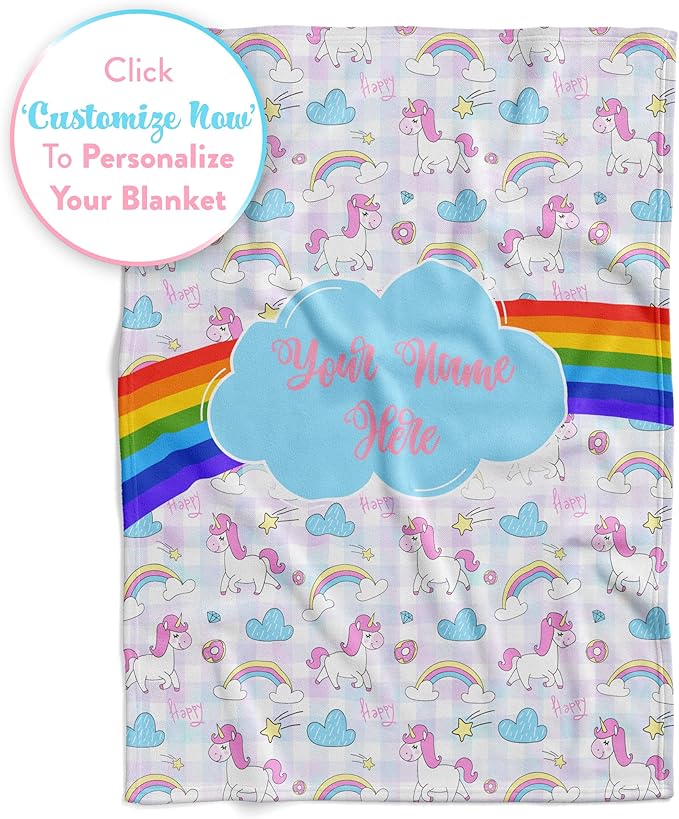 Personalized Rainbow Unicorn Throw Blanket for Girls and Boys with Custom Name, Cute Soft Bedding for Nursery Room or Tummy Play, Warm and Plush (Sherpa 50x60)