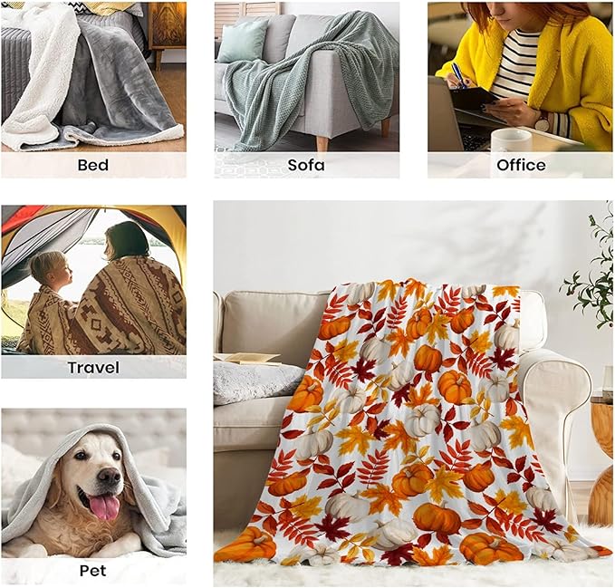 Fall Throw Blanket - Pumpkin Maple Leaf Autumn Blanket - Thanksgiving Fall Decor Gift - Ultra Plush Cozy Lightweight Thanksgiving Pumpkin Blanket for Sofa,Bed,Couch - 60"x80"-Adults/Twin Size