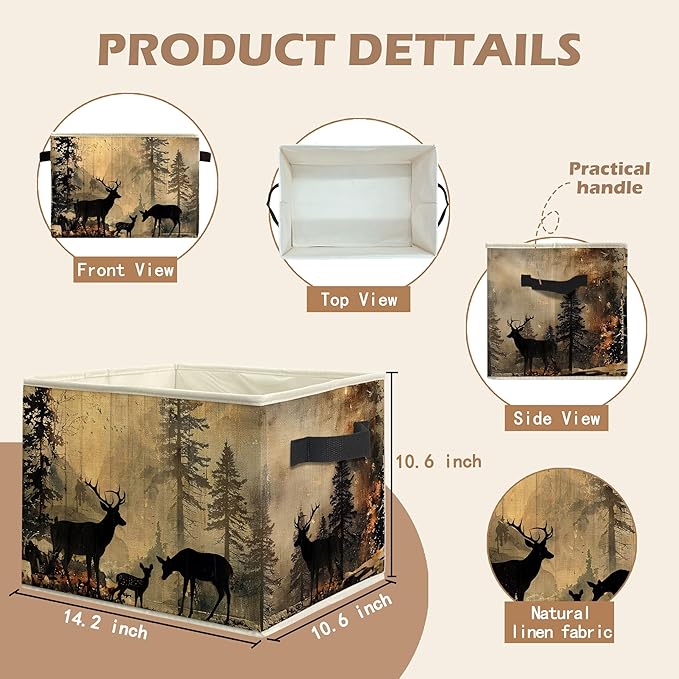 Vintage Camping Forest Deer Nursery Storage Bin Box with Handles, Farmhouse Rustic Deer Foldable Linen Fabric Laundry Basket for Kids Room Nursery Playroom Bathroom Home Clothes Toys Books
