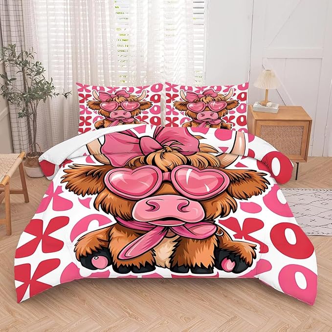 kxry Cute Cattle Comforter Set Full Size Cartoon Calf Animal Bedding Sets for Girls Teens Kids Funny Animal Soft Microfiber Lightweight Comforter Set with 1 Comforter + 2 Pillow Cases