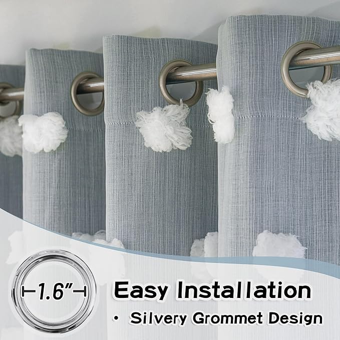MYSKY HOME Room Darkening Curtains White Sheer Pom Pom Curtains for Living Room Dusty Blue Blackout Curtains for Sliding Door Decor Drapes 2 Layer Window Panels Boys Bedroom Grommet 2 Sets W52 X L95