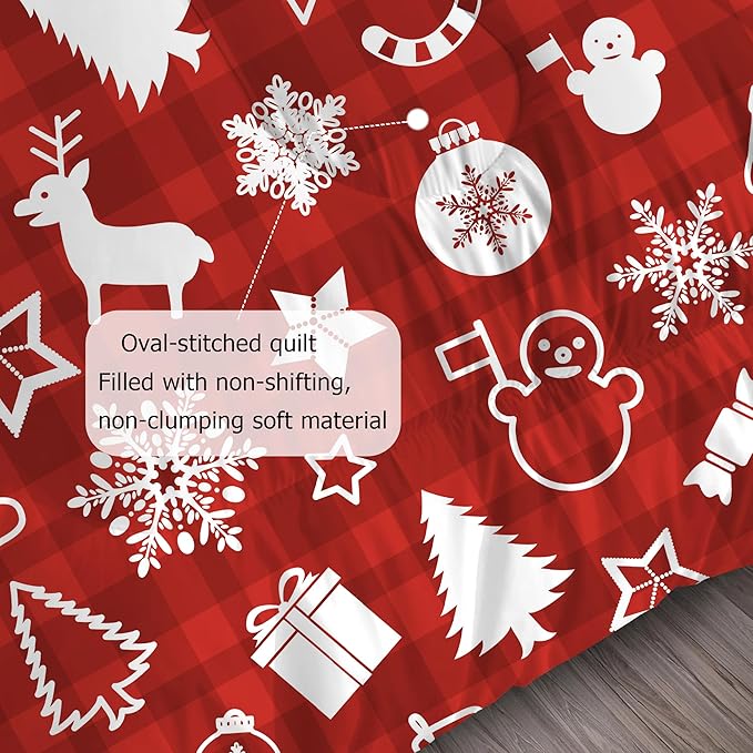 Christmas Plaid Comforter Set: Full Size Cartoon Red Xmas Bedding Sets for Teens Kids Women Christmas Tree Snowflakes Snowman Elk 3 Piece Quilt Bed Set 1 Comforter & 2 Pillowcases