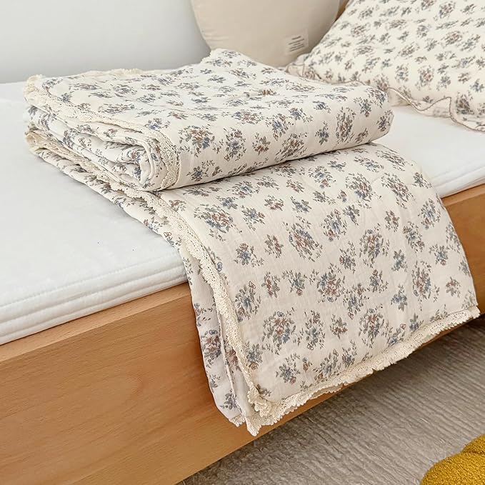 BuLuTu French Country Blue Floral Quilted Blanket with Lace Edges, Muslin Cotton Toddler Bed Baby Crib Comforter Girls Boys Nursery Decor, 47"x59", Soft Lightweight, Ballon Flower Print