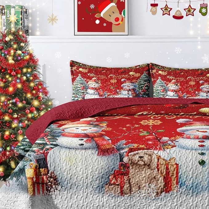 Christmas King Size Quilt Set, Dark Red Xmas Snowman Lightweight Bedspread Coverlet with Pillow Shams for Kids and Adults, Winter Snowflake Pine Tree 3 Pcs Bedding Bed Cover