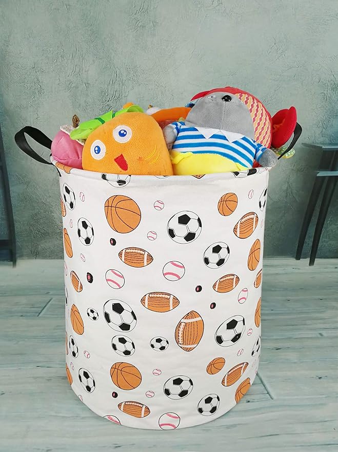 KUNRO Round Basketball Football Laundry Gift Basket Storage Hamper, Kids Toys and Clothes Storage Organizer Bins, Toy Shelf Basket with Handles for Room Decor (Balls)