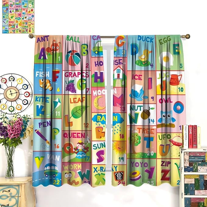 Colorful ABC Classroom Nursery Curtains Kids Alphabet Learning Baby Boys Girls Curtain with Rod Pocket for Children Toddler Playroom Home Drapes Window Treatments 2 Panels Set 52" W X 84" L