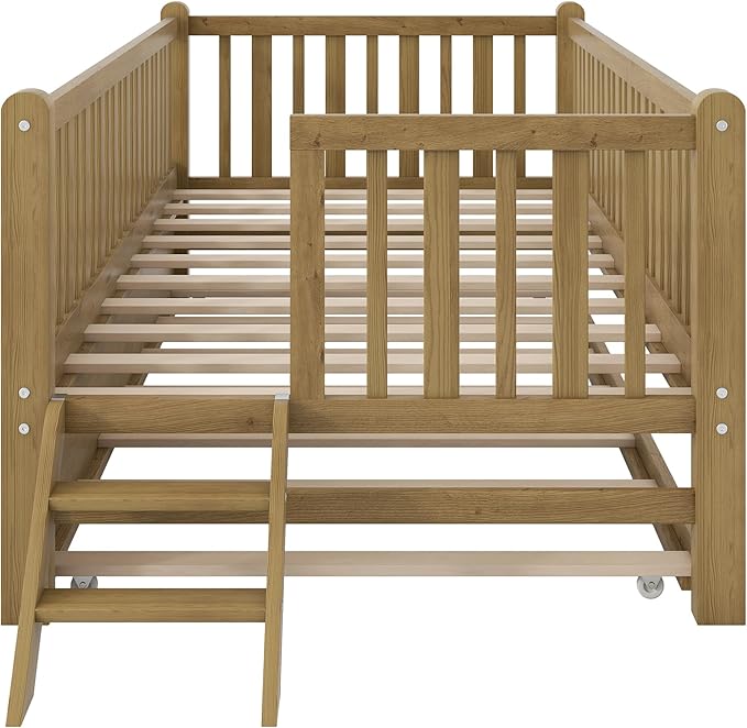 Twin Size Platform Bed with Guardrail and Trundle, Wood Kids Platform Bed Frame with Two-Step Ladder for Boys Girls, Sturdy Slats Support (Walnut-1.26T)