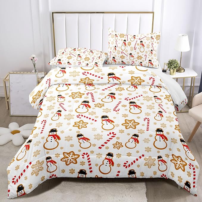 Raphus cucullatus Christmas Bedding Full,Snowman Christmas Comforter Set,Holiday Bedding Winter Quilt,Snowflake Navidad Comforter Set Full,Cute Candy Cane Quilt