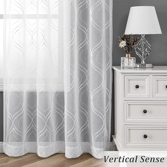 VISIONTEX White Sheer Curtains 63 Inch Length 2 Panels Set Moroccan Embroidered Curtains Trellis Decor French Textured Rod Pocket Voile Tulle Semi Window Drapes for Bedroom Living Room 54 x 63 Inches