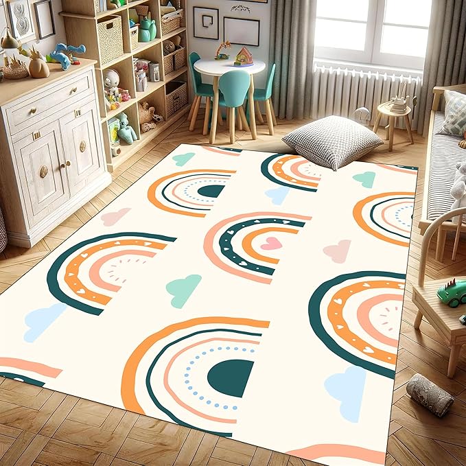 Children's Carpet Girl's Bedroom Rainbow Carpet Living Room Area Rugs Soft Washable Non-Slip Rugs Simple Lovely Rainbow White Cloud Print Children's Room Nursery Decoration Beige 6x9ft