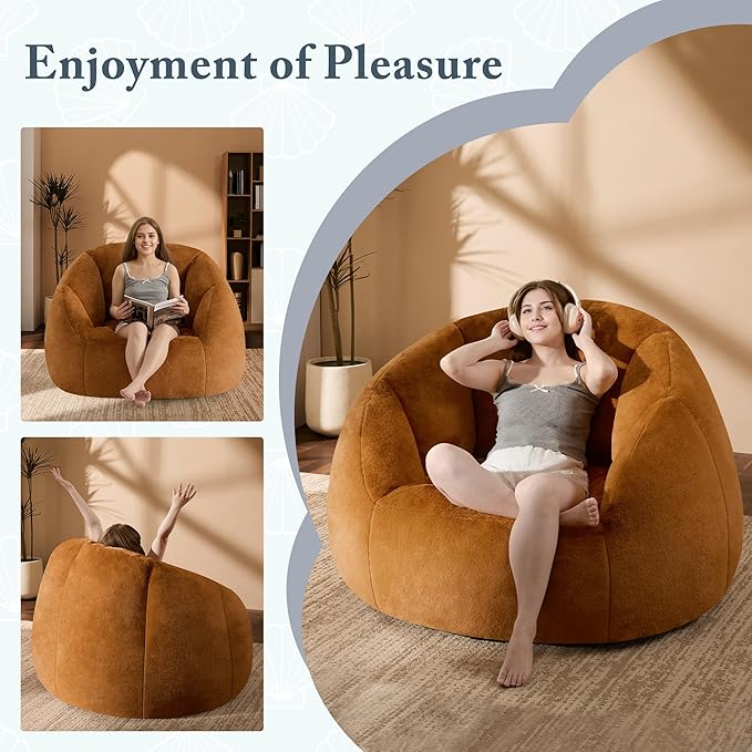 Giant Bean Bag Chair for Adults - Comfy Plush Round Shell Soft Accent Chair, Oversized Cozy Lounge Floor Sofa Reading Chair, Mini Couch for Living Room, Bedroom & Game Rooms, Dorm, Orange