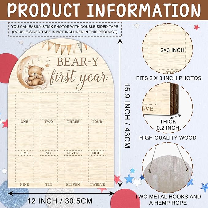 My First Year Milestone Photo Board, Bear Baby Milestone Signs, 12 Months Wooden Picture Frame, Nursery Gender Neutral Gifts for Girl Boy, Best Gifts for 1st Birthday Baby Shower Decorations-A06