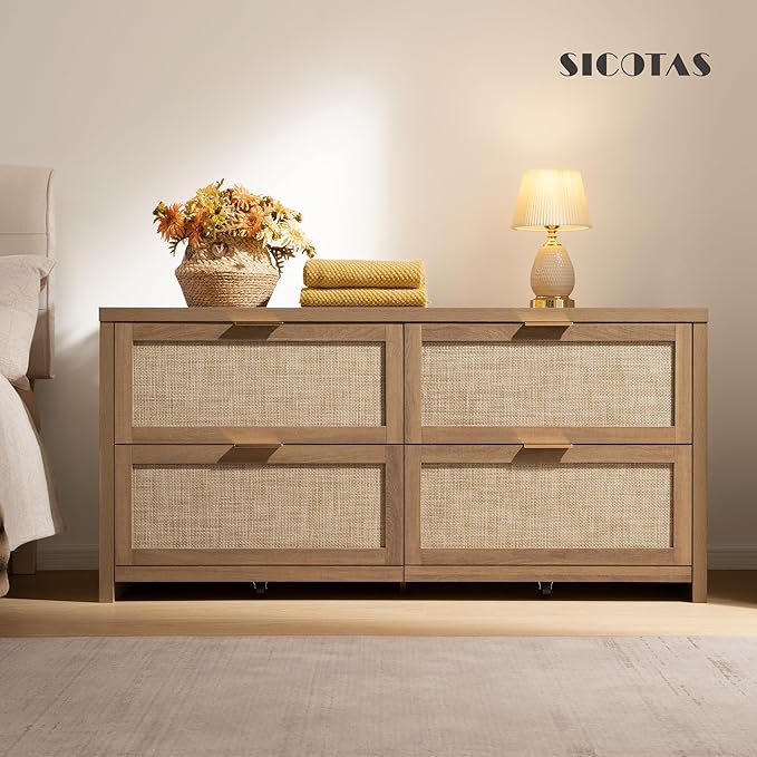 SICOTAS Large Dresser for Bedroom Set 2, Rattan Dressers with 4 Deep Drawers, Long Chest of Drawers for Closet, Farmhouse TV Stand (Reclaimed Caramel Oak, 4 Drawers (2 pcs))