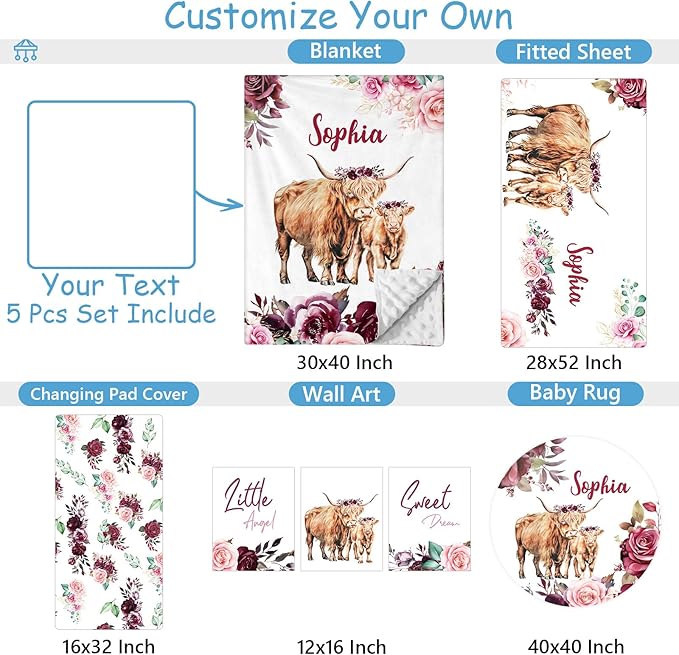 Personalized Name Baby Crib Bedding Set, 5 Pcs Custom Highland Cow Nursery Bedding Sets for Baby Girls Boys, Soft Double Layer Blanket, Newborn Infant, Toddler Crib Set