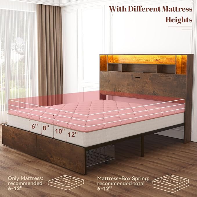 Queen Bed Frame with Large Headboard Storage, Bed Frames with 2 Under Bed Drawers, Built-in LED Lights Charging Station, Easy Assembly, Brown