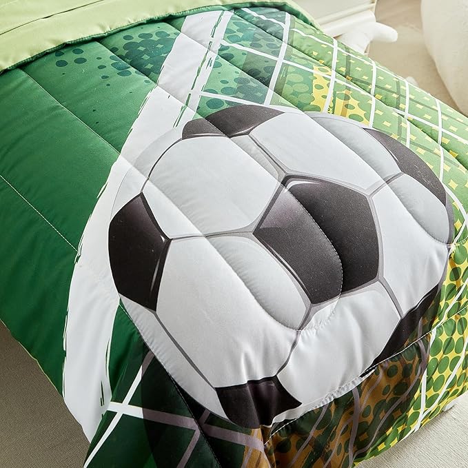 4 Pieces Soccer Toddler Bedding Set for Boys Girls Yellow Green Soccer Field Toddler Bed Set with Goal Cute Toddler Bed in a Bag with Sheet Set and Pillow Shams