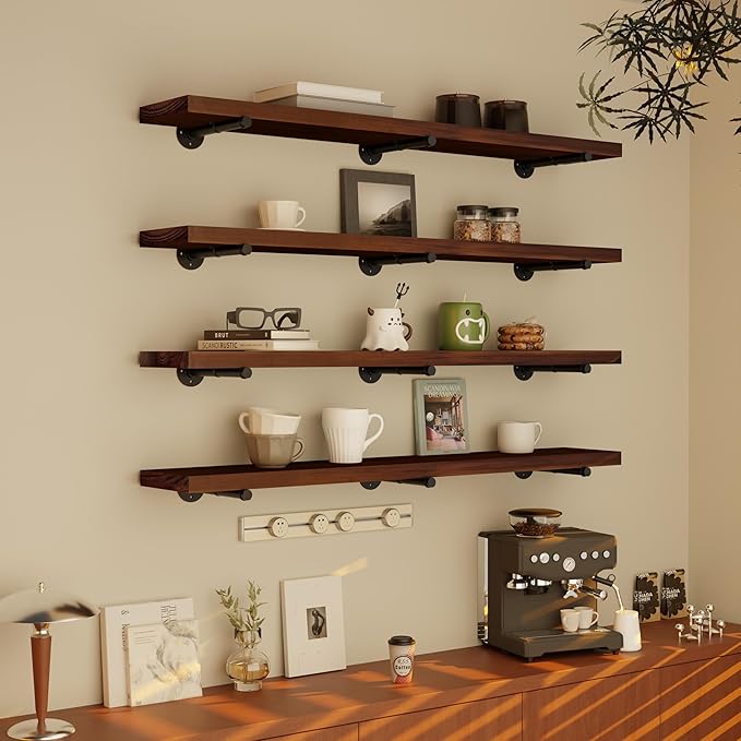 IEO Floating Shelves for Wall Shelf 60 inches Long 11.8" Extra Width Farmhouse Bathroom Decor Bedroom Kitchen Shelves Living Room Wall Mounted Set of 4, Rustic Brown Soild Wood