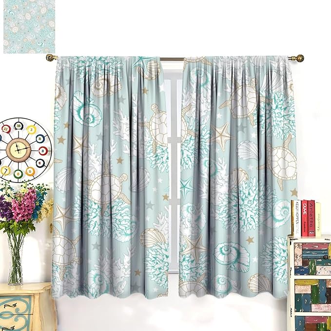 Nautical Curtains,Seagorses Coral Starfish Reef Seashell Beach Sea Seashell Pattern Blackout Print Home Bedroom Living Room Window Treatmen 2 Panel Set 42x45 Inch