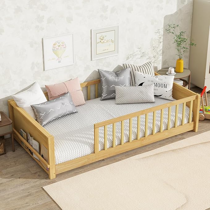Twin Size Kids Montessori Floor Bed,Twin Floor Bed Frame with Slats and Bookcase,Solid Wood Montessori Bed for Girls Boys,Natural