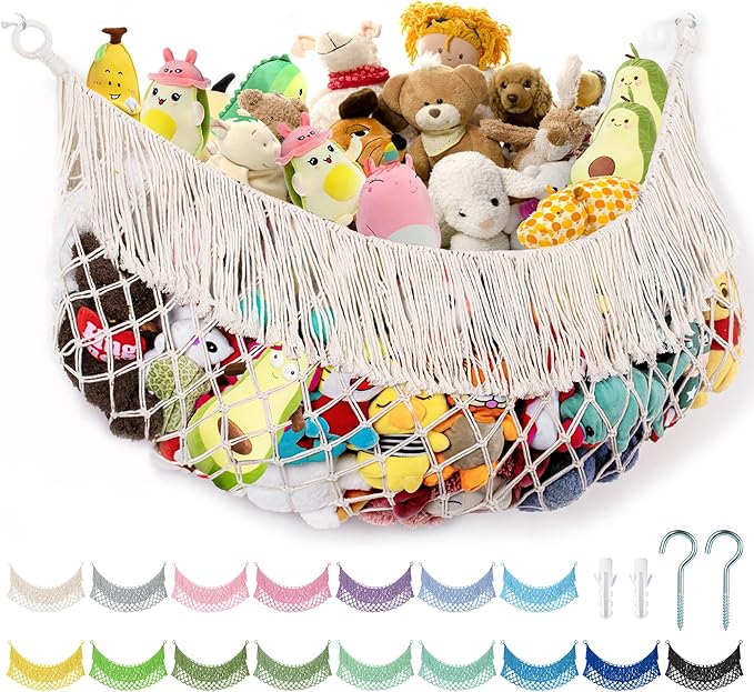 Stuffed Animal Hammock - Extra Large 56'' Long, Stuffed Animal Storage, stuffed animal Holder net, Toy Hammock Large, Toy Storage Hanging Organizer - Cream White