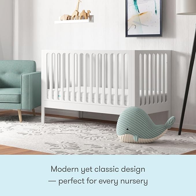 Newton Baby Galileo Standard Crib, Solid Beech Wood in White Color, 3-in-1 Convertible Crib with Toddler Bed Conversion Kit, Ultra-Safe Non-Toxic Finish
