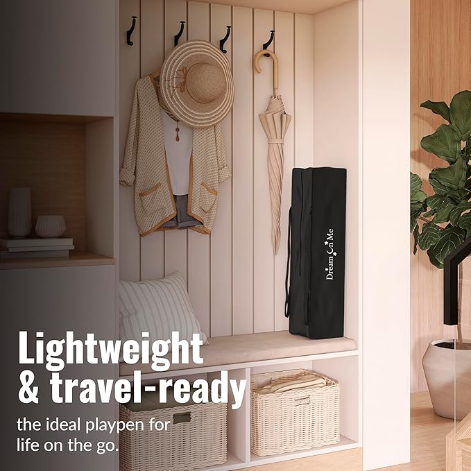 Dream On Me Nest Portable Playard in Black with Carrybag an Shoulder Strap, Lightweight, Packable and Easy Setup Baby Playard, Breathable Mesh Sides and Soft Fabric - Comes with a Removable Padded Mat