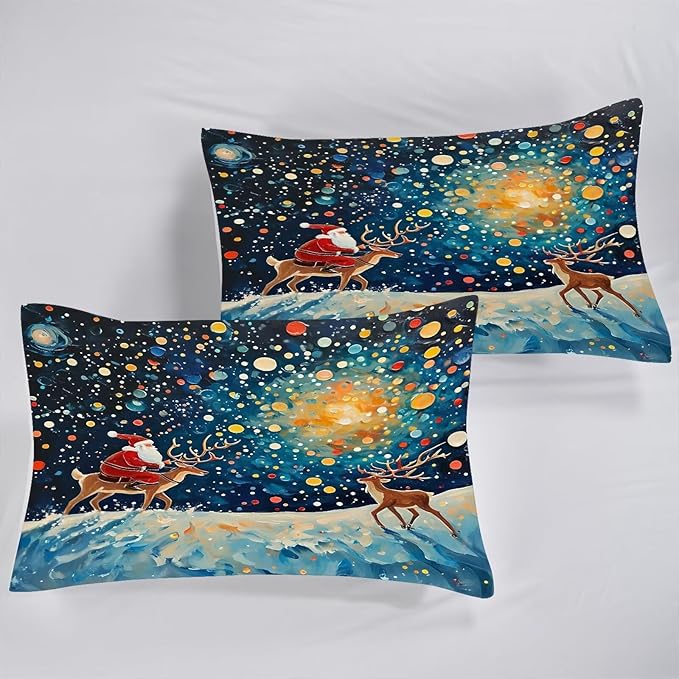 Christmas Comforter Set Full: Galaxy Bedding Sets Blue Festival Santa Claus Deer Quilt Set for Girls Kids Teens Bedroom 1 Comforter & 2 Pillowcases