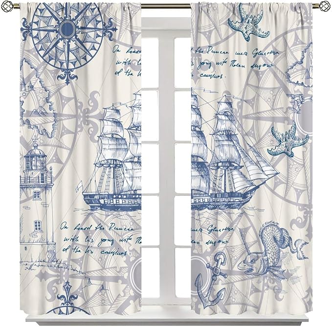 Nautical Sailboat Map Curtain,Ship Compass Lighthouse Anchor Decorative Curtain Polyester Fabric Waterproof Bedroom Curtain Set 2 Panels,42x63 Inches