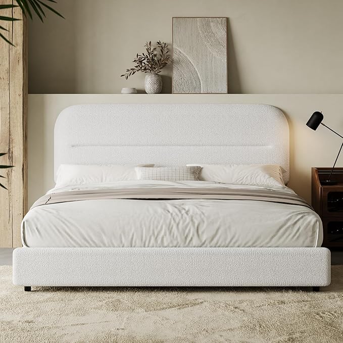 HOMBCK Queen Size Boucle Bed Frame, Upholstered Bed Frame Queen Size with Headboard, Soft Cloud Bed with Thickened Footboard, Rounded Corners, No Box Spring Needed, Easy Assembly, White