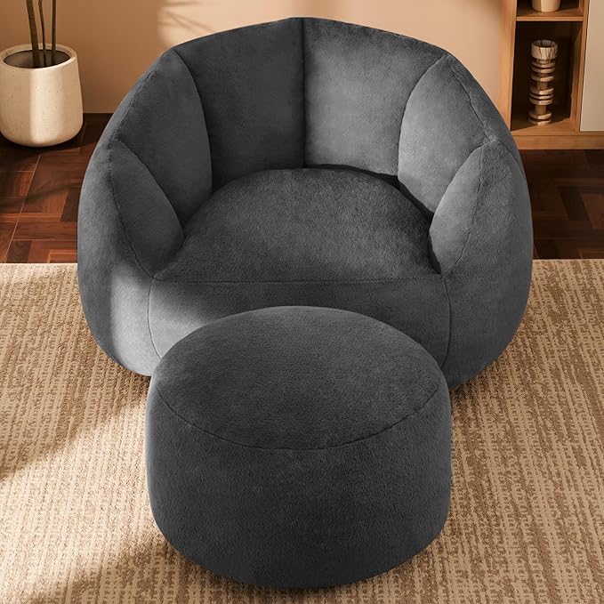 Giant Bean Bag Chaise Lounge Indoor Chair for Adults with Ottoman - Comfy Plush Round Shell Soft Accent Chair, Oversized Cozy Floor Sofa for Living Room, Dorm & Game Rooms, Gray