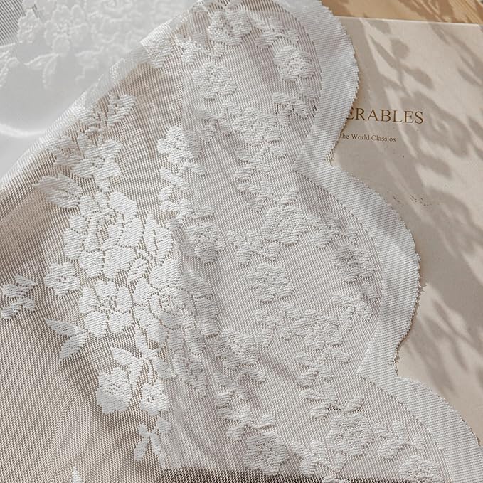 Anmao Vintage Lace Curtains 120 Inches Long 2 Panels, Romantic Elegant Light Filtering Semi Sheer Floral Thick Lacy Curtain Drapes for Living Room and Bedroom, Each Panel 55W x 120L, White Rose