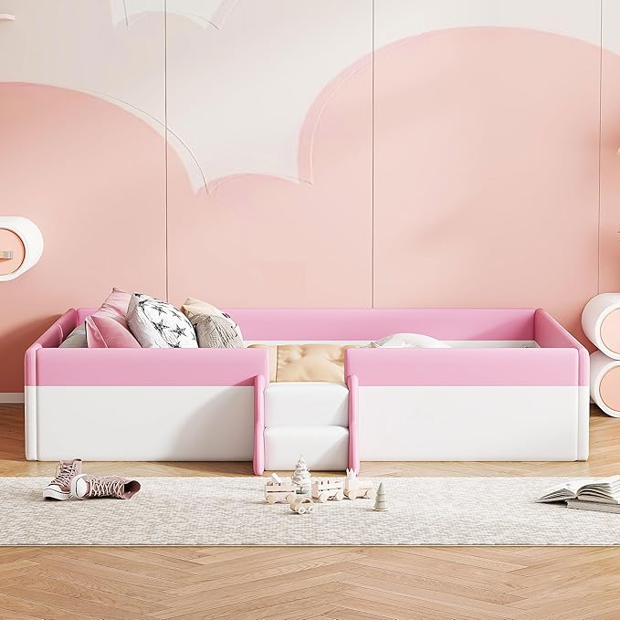 Merax Upholstered Kids' Daybed, Daybed Frame with Fence and Stairs, No Box Spring Needed, Twin Size, Pink+White