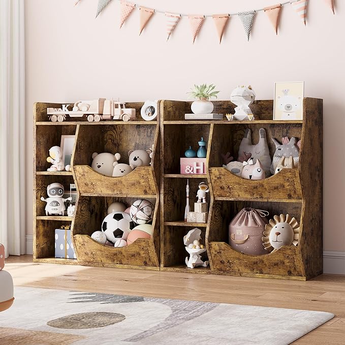 Kids Bookshelf, 32" 3-Tier Toy Storage Cabinet, Wooden Cube Storage Organizer with 5 Cubes and Spacious Top Shelf for Children's Room, Playroom, Hallway, Kindergarten, Bedroom, Playroom