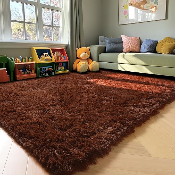 ONASAR Brown Area Rugs for Bedroom Living Room, Washable Fluffy 4x6 Indoor Bedside Floor Throw Rug, Soft Plush Shaggy Carpet for Nursery Kids Girls Boys Teen Dorm Home Office Decor Aesthetic