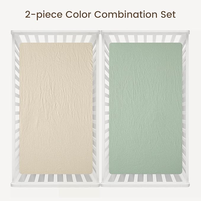 david's kids Muslin Crib Sheets for Boys Girls, 2 Pack 100% Cotton Soft Breathable Fitted Baby Neutral Sheet Set, Standard 52"x28" Crib and Toddler Mattress, Oat Milk & Sage Green