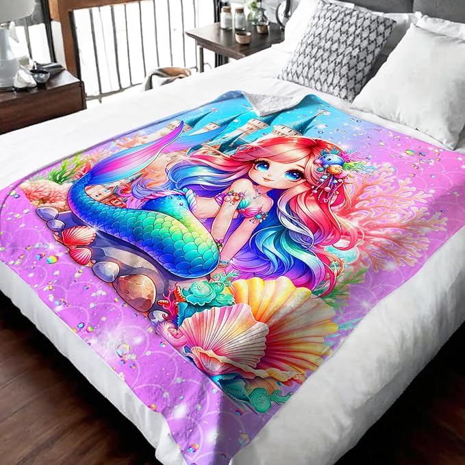 Girls Mermaid Blanket Gift, Throw for Kids Teens Adults 50x60 Inches Lightweight Cozy Pink Cute Mermaid Throw Blankets for Sofa Couch Bed Trip Car
