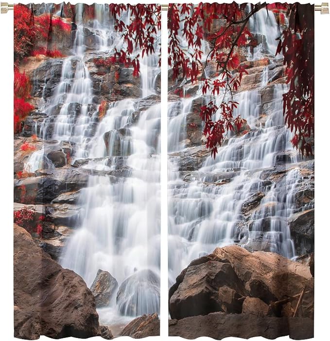 Waterfall Blackout Windows Curtains, Waterfall Red Forest Pattern Nature View Curtains, for Living Room Bedroom 63x72in 2 Panels