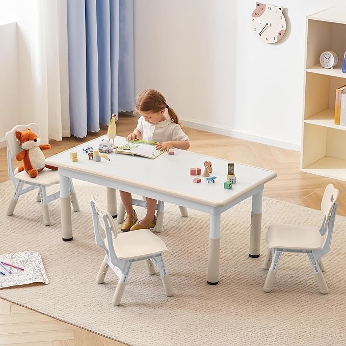 Kids Study Table and Chairs Set, Height Adjustable Toddler Table and Chair Set for Kids Ages 3-8, Graffiti Desktop (Burlywood - 1)