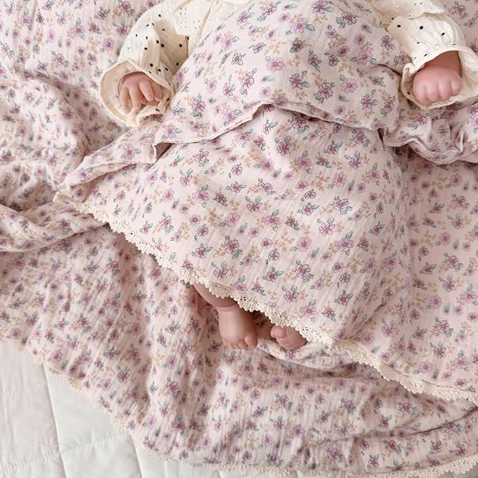 BuLuTu 2 Layers Muslin Cotton Blanket Quilt for Twin Bed, Elegant Chic Purple Flower Pattern Girls Boys Blankets Soft Breathable Summer Comforter for Kids Children, 60x78 Inches