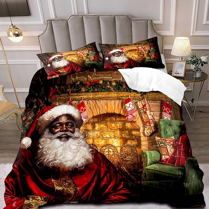 LUVIVIHOME 2PCS Christmas Comforter Set - Twin Size, Funny Black Santa Claus Bedding, Merry Christmas Bedroom Decor for Kids, Teens, African American Decorations, 1 Pillow Case