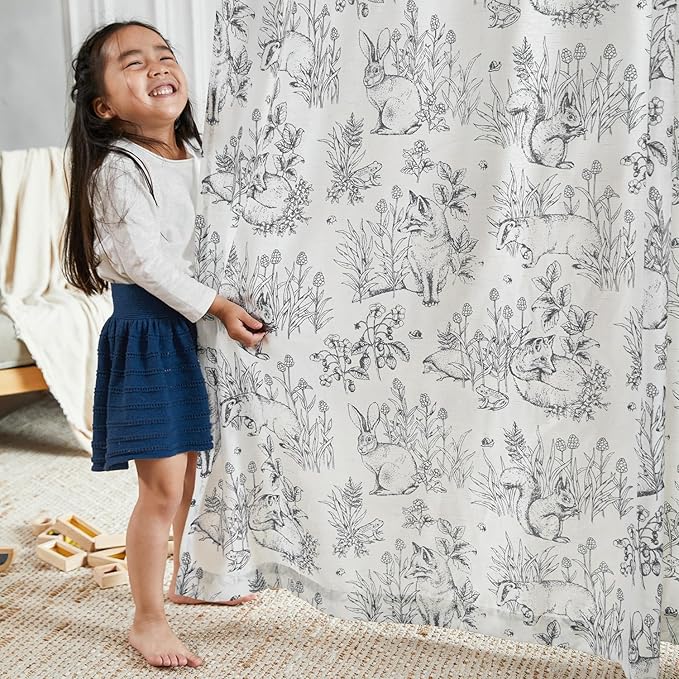 jinchan Linen Nursery Curtains 63 inch Long Woodland Wildlife Black Print Drapes for Kid's Room Light Filtering French Country Farmhouse Curtains with Bunny and Forest Design Set of 2 Panels