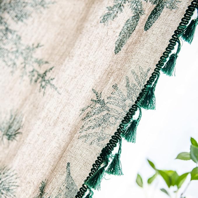 Bohemian Curtains Floral Semi Sheer Drapes 96 Inch Length Cotton Linen Farmhouse Curtain Panels with Tassel Green Botanical Print Rod Pocket Room Darkening Curtain for Living Room Bedroom, 2 Panel