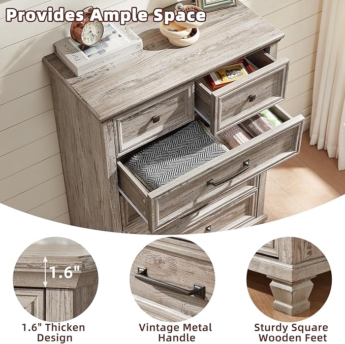 Farmhouse Bedroom Dresser and Nightstand Set of 4, 6 Drawer Tall & Low Dresser & 3 Drawer Nightstand Set with Wooden Legs, Rustic Wood Furniture Sets for Bedroom, Hallway, Grey