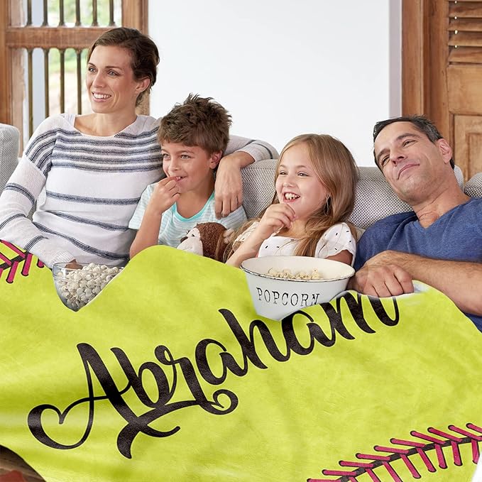 Personalized Softball Kids Blanket with Naumber and Name - Custom Sport Bed Blankets Gift for 0-3 Months Baby Essential and Warm 50x60inch