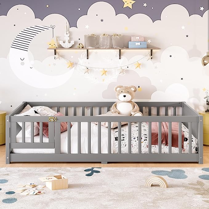 Bellemave Full Size Floor Bed with Rails for Kids, Girls, Boys, Pine,Plywood Floor Bed with slats and Door, Grey