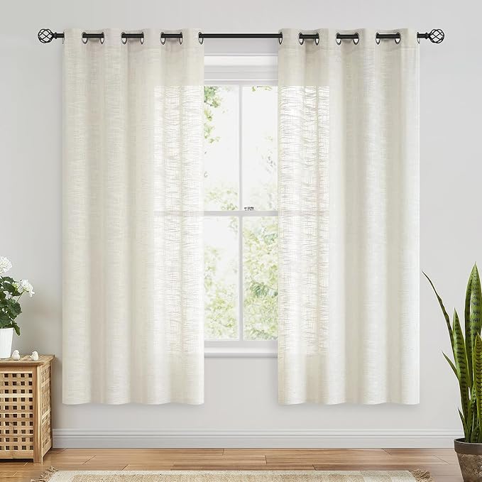 FMFUNCTEX Linen Semi Sheer Curtains for Bedroom, Natural Curtains 72 Inch Length for Living Room, Country Farmhouse Sheer Drapes, Light Filtering Window Curtain, Grommet Top 2 Panels